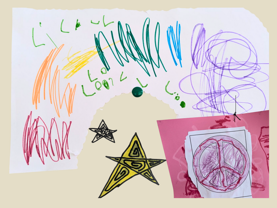 Photo of children's drawings of a rainbow, a CND peace symbol and some stars Photo of children's drawings of a rainbow, a CND peace symbol and some stars